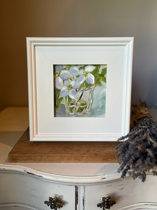 “Dogwood blooms in clear vase” 6x6